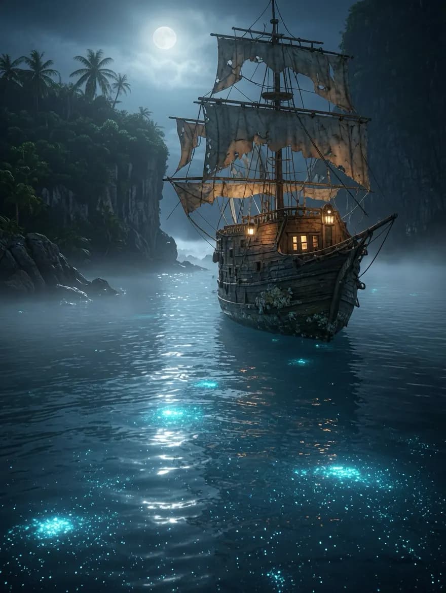 Ett mystiskt piratskepp i en månljus karibisk vik med bioluminiscent vatten